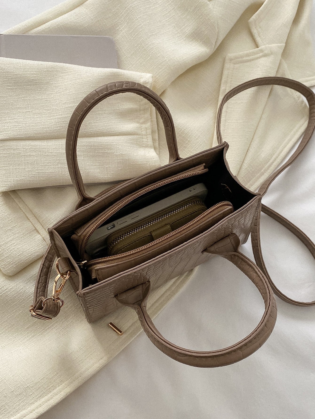 Square Bag with Crocodile Embossing, Double Handle