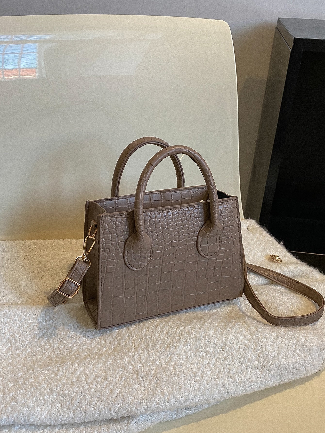Square Bag with Crocodile Embossing, Double Handle