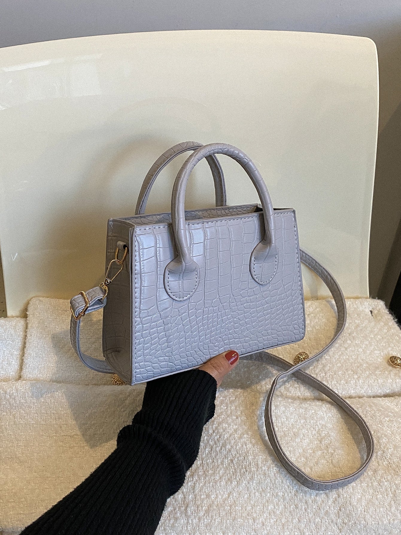 Square Bag with Crocodile Embossing, Double Handle