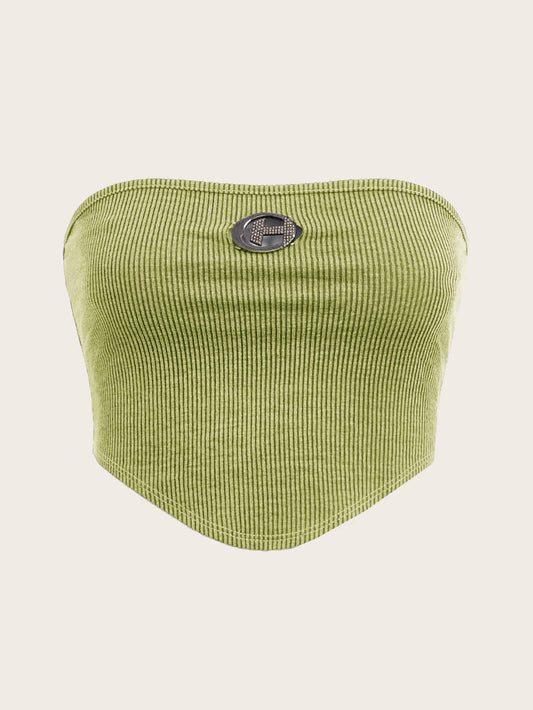Crop Tube Top with Ribbed Knit, Rhinestones, Ring Decor, Bandana Hem