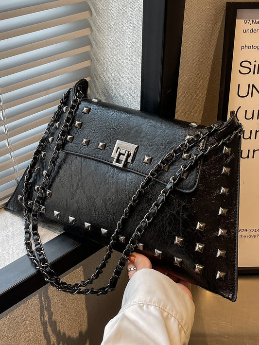 Square Bag with Stud Decoration, Flap