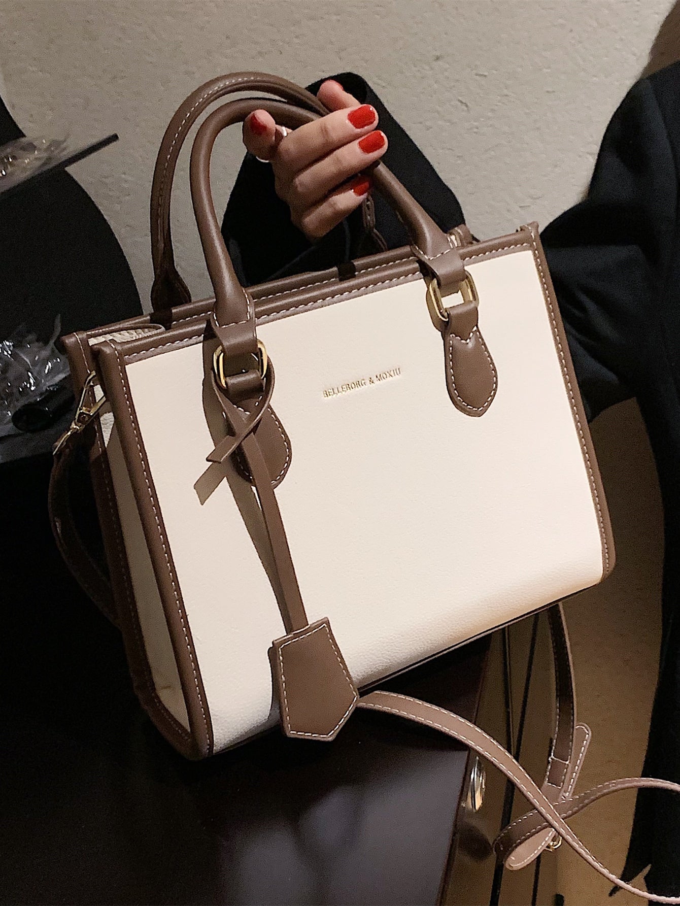 Square Bag with Letter Detail, Contrast Trim