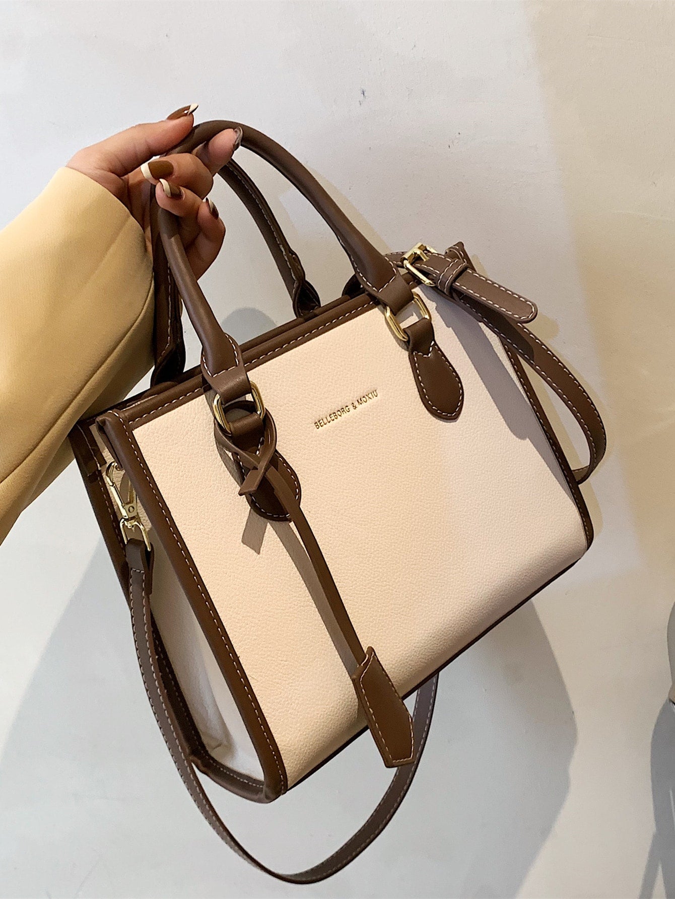 Square Bag with Letter Detail, Contrast Trim