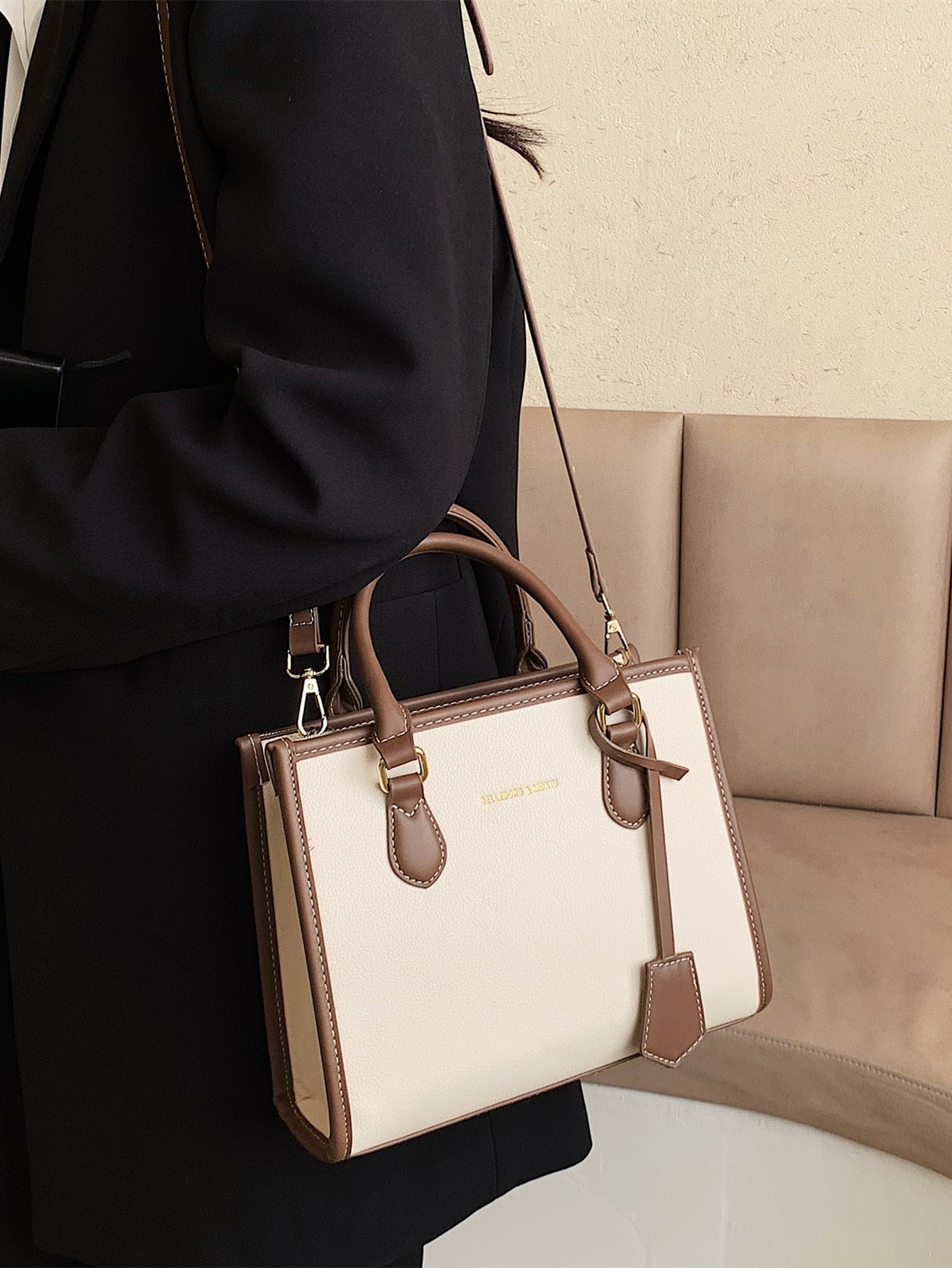 Square Bag with Letter Detail, Contrast Trim
