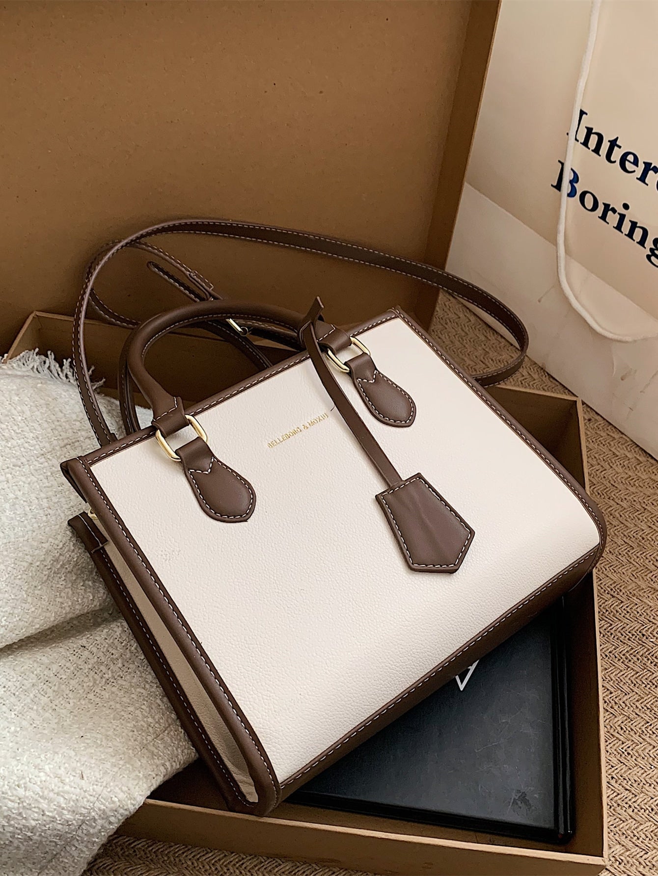 Square Bag with Letter Detail, Contrast Trim
