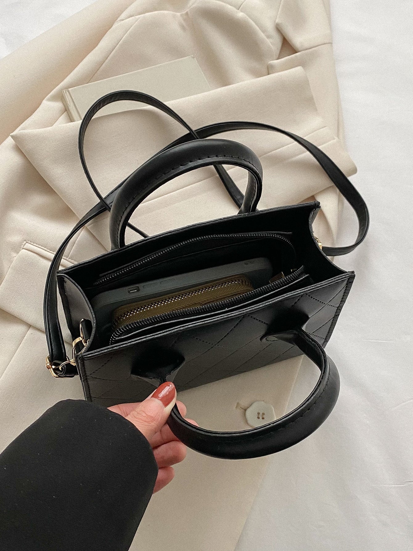 Square Bag with Crocodile Embossing, Double Handle