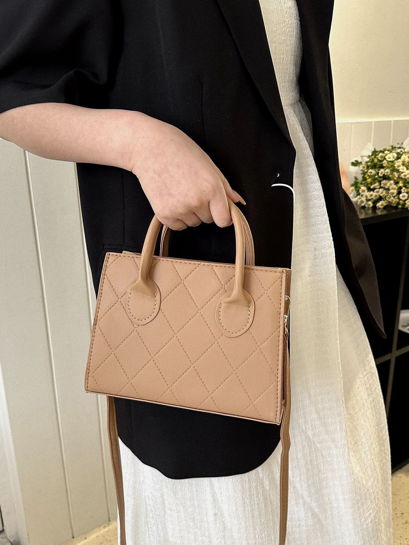 Square Bag with Crocodile Embossing, Double Handle