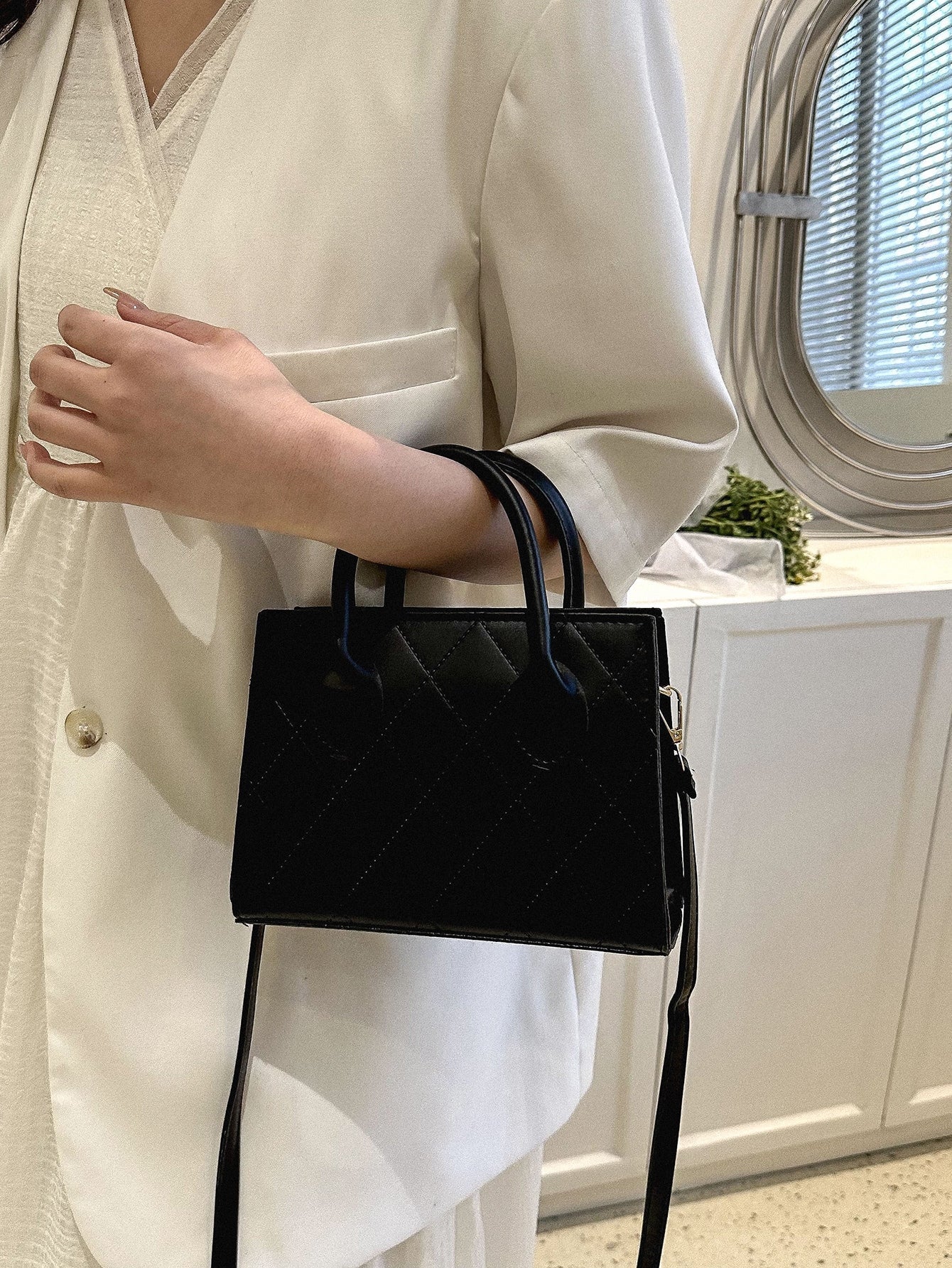 Square Bag with Crocodile Embossing, Double Handle