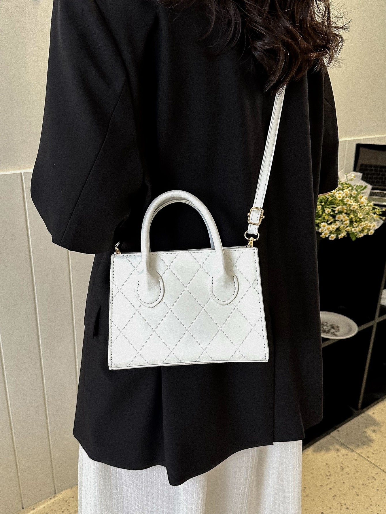 Square Bag with Crocodile Embossing, Double Handle