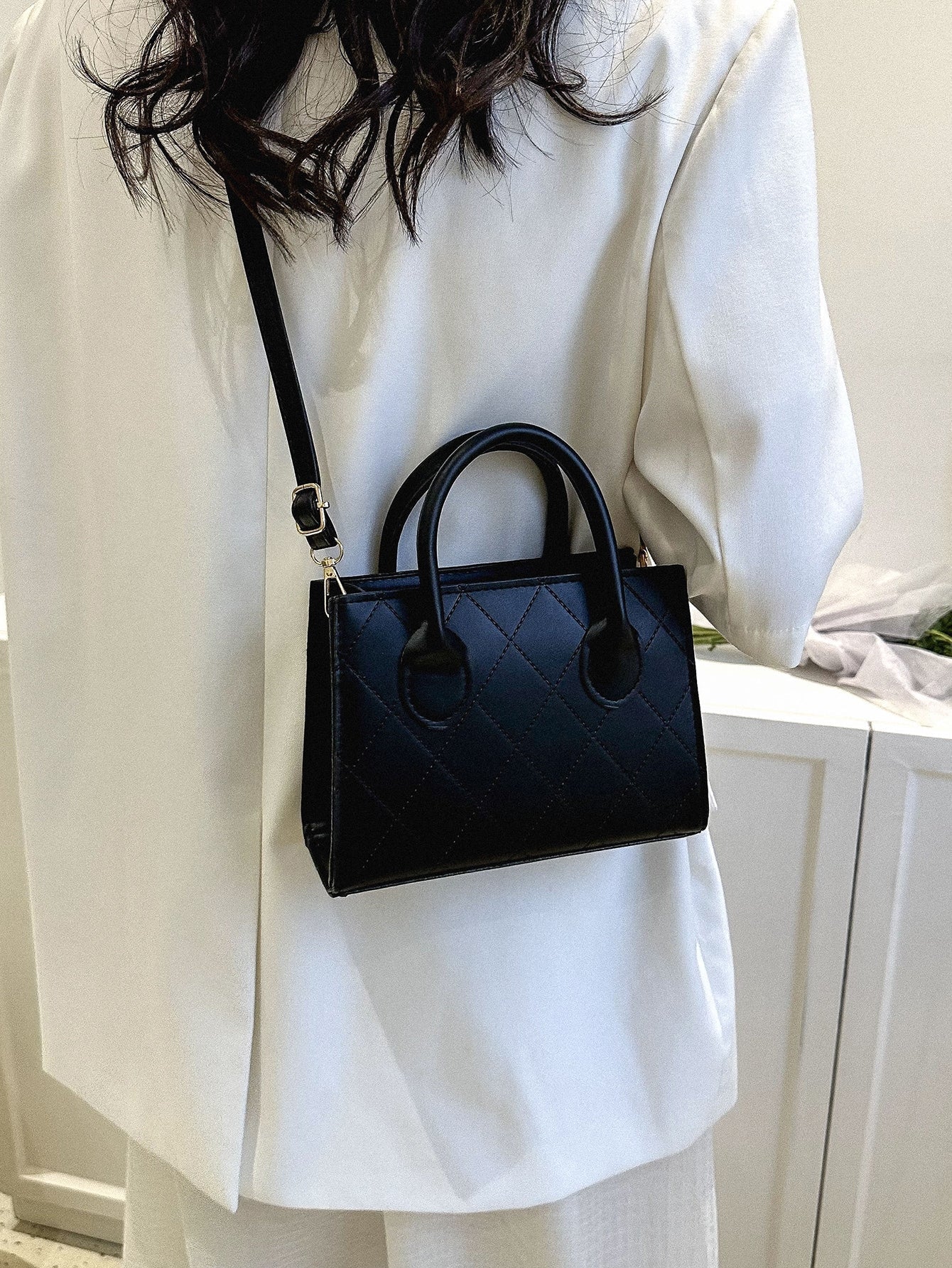 Square Bag with Crocodile Embossing, Double Handle