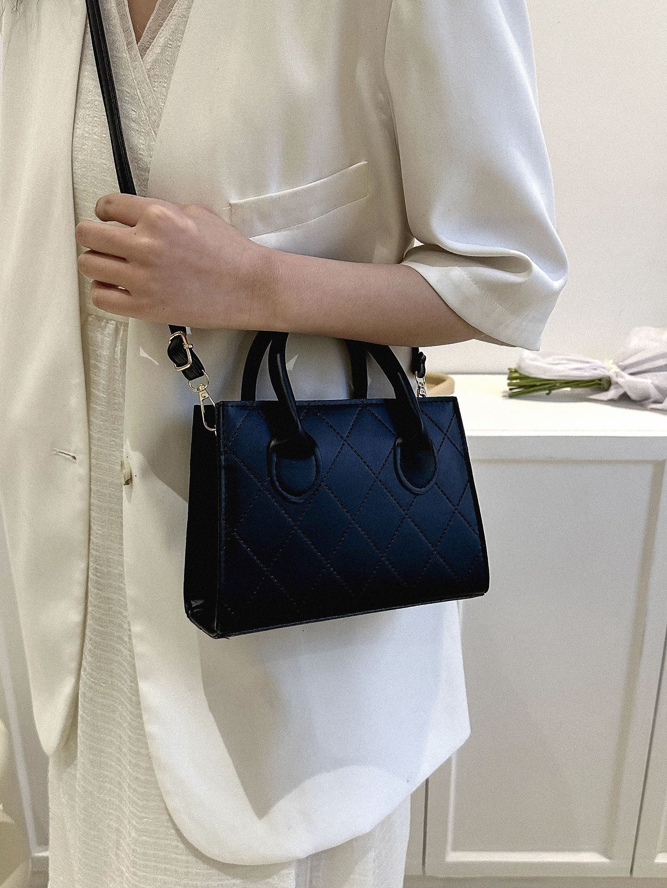 Square Bag with Crocodile Embossing, Double Handle