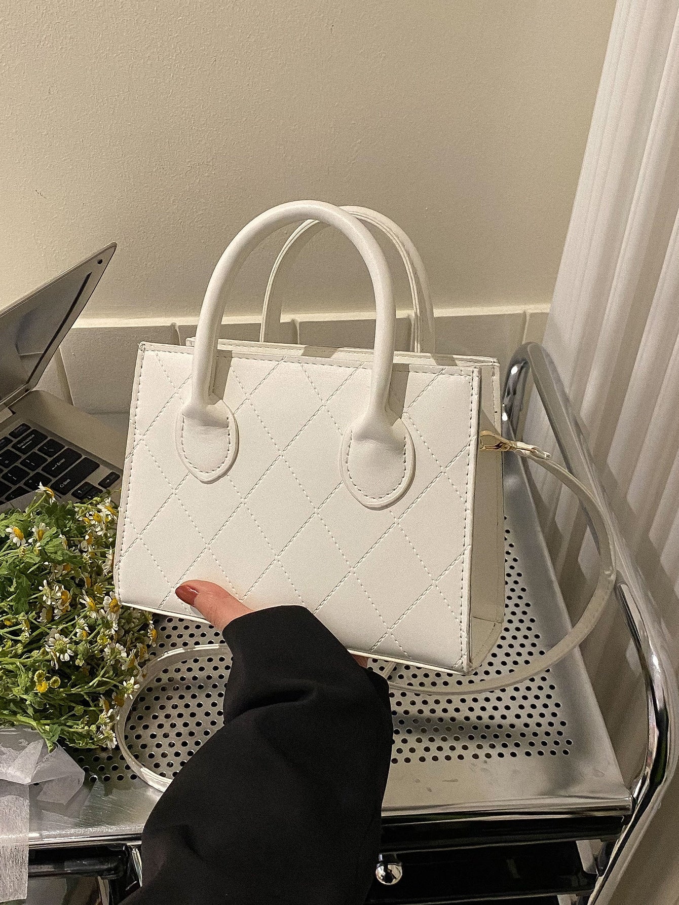 Square Bag with Crocodile Embossing, Double Handle