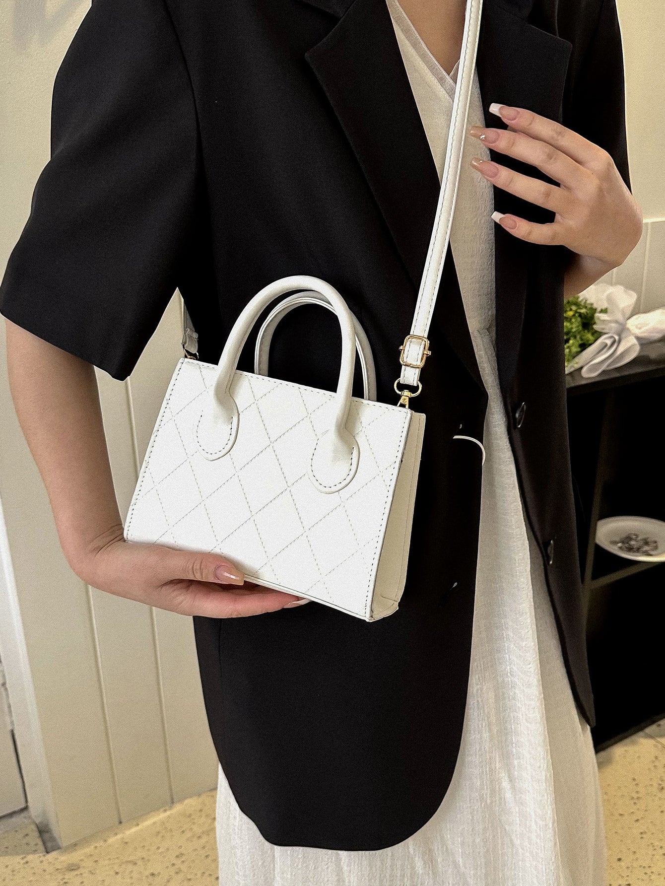Square Bag with Crocodile Embossing, Double Handle