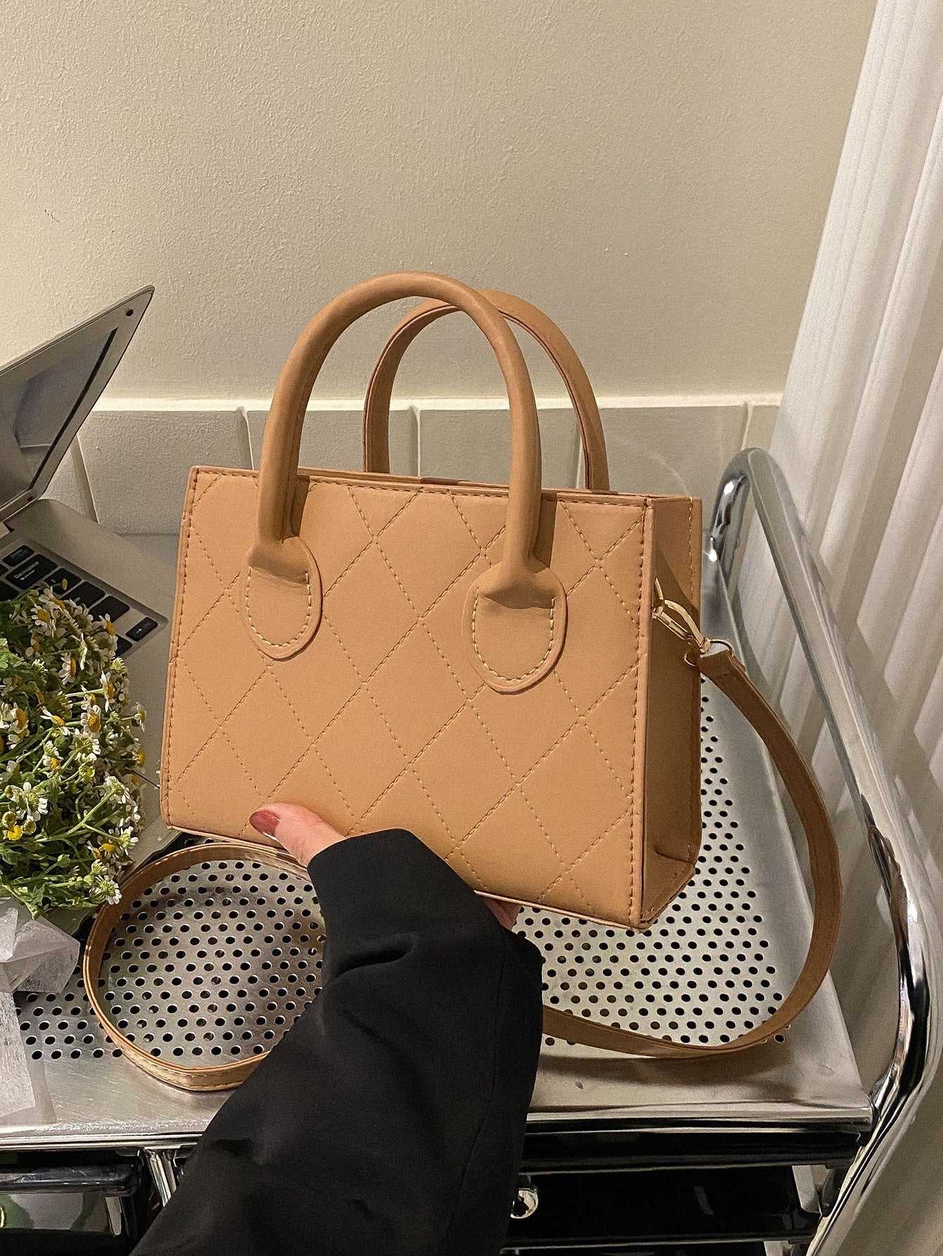 Square Bag with Crocodile Embossing, Double Handle