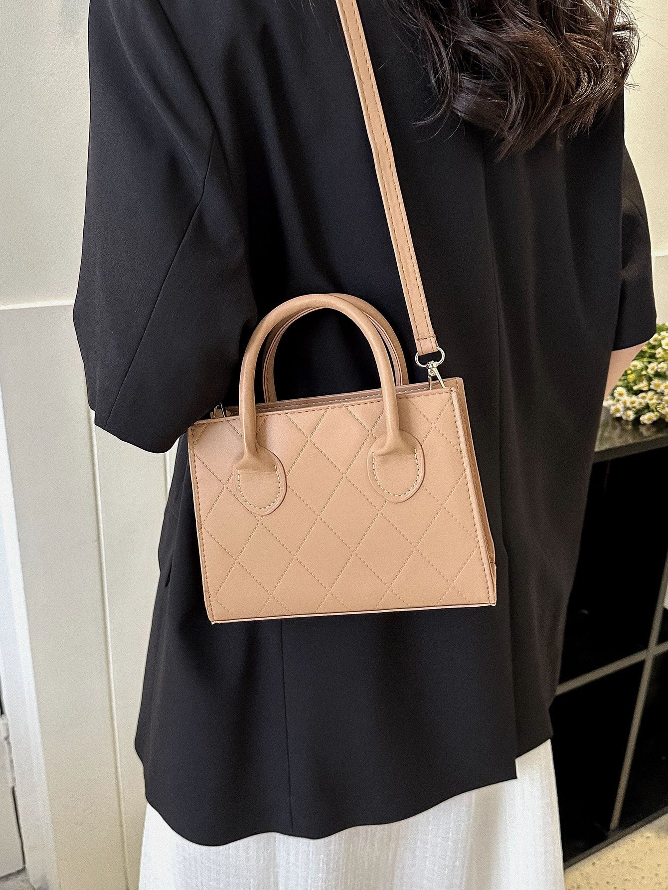 Square Bag with Crocodile Embossing, Double Handle