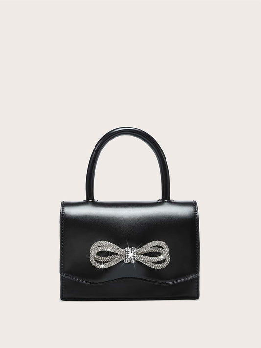 Square Bag with Mini Rhinestones and Bow Decor, PU Flap, for Daily Use